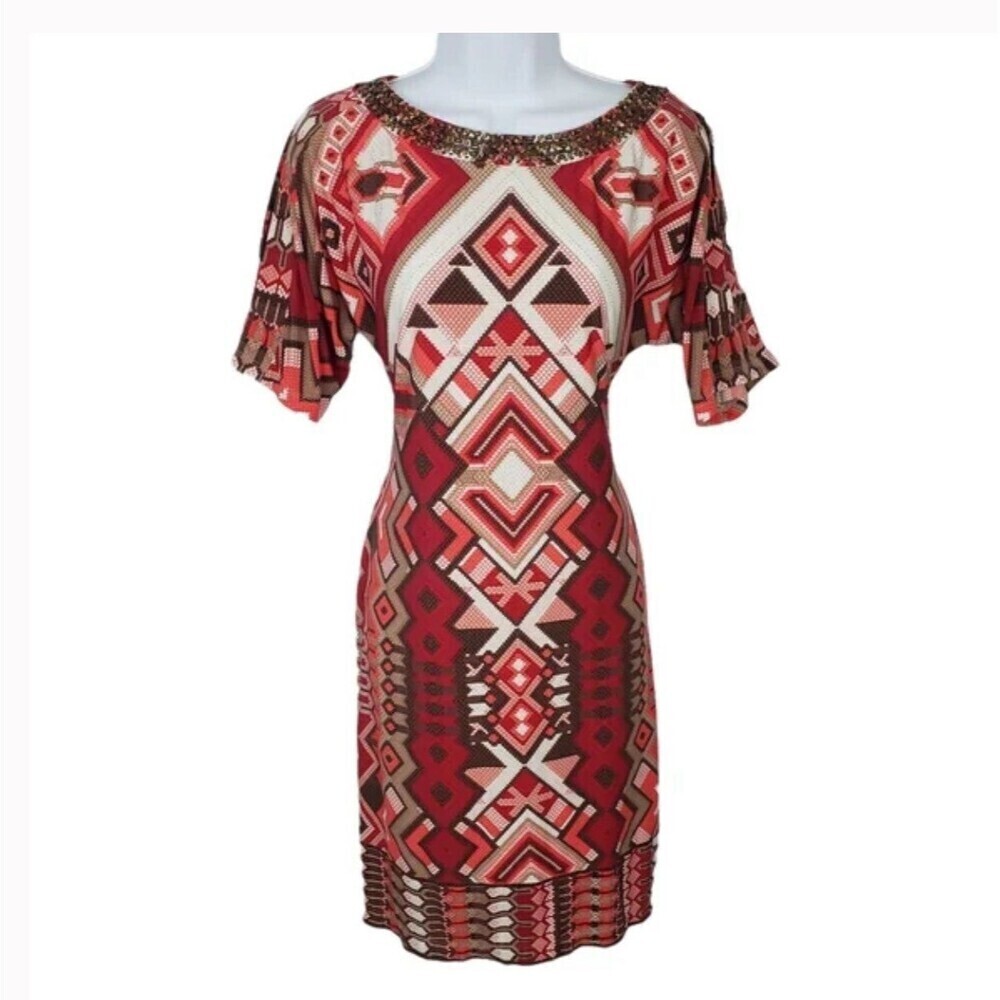 Chico's Size 1 Aztec Print Cold Shoulder Short Sleeved Beaded Midi Dress
